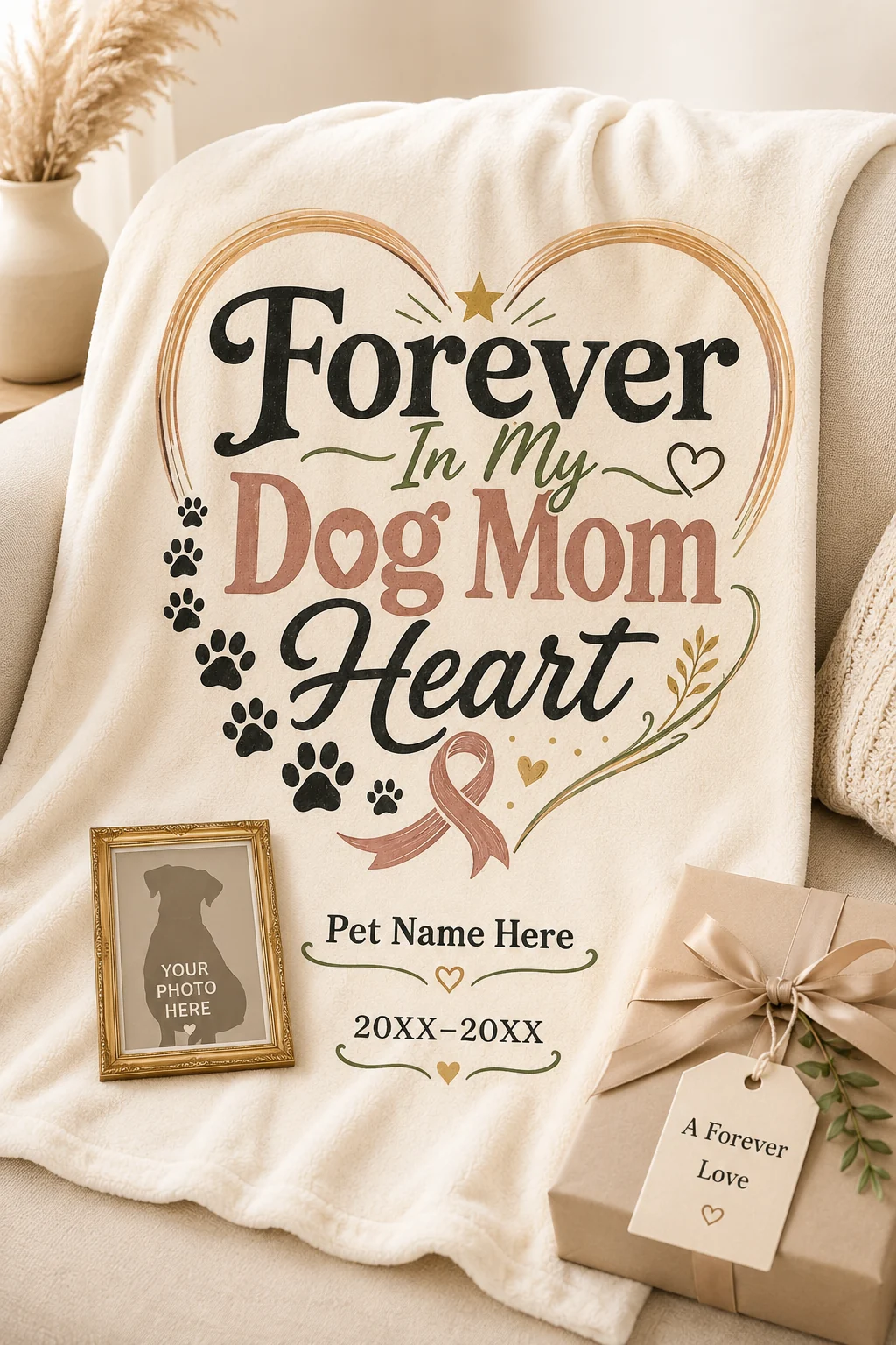 Forever In My Dog Mom Heart blanket presented as a custom-style memorial gift with the design centered and clearly visible