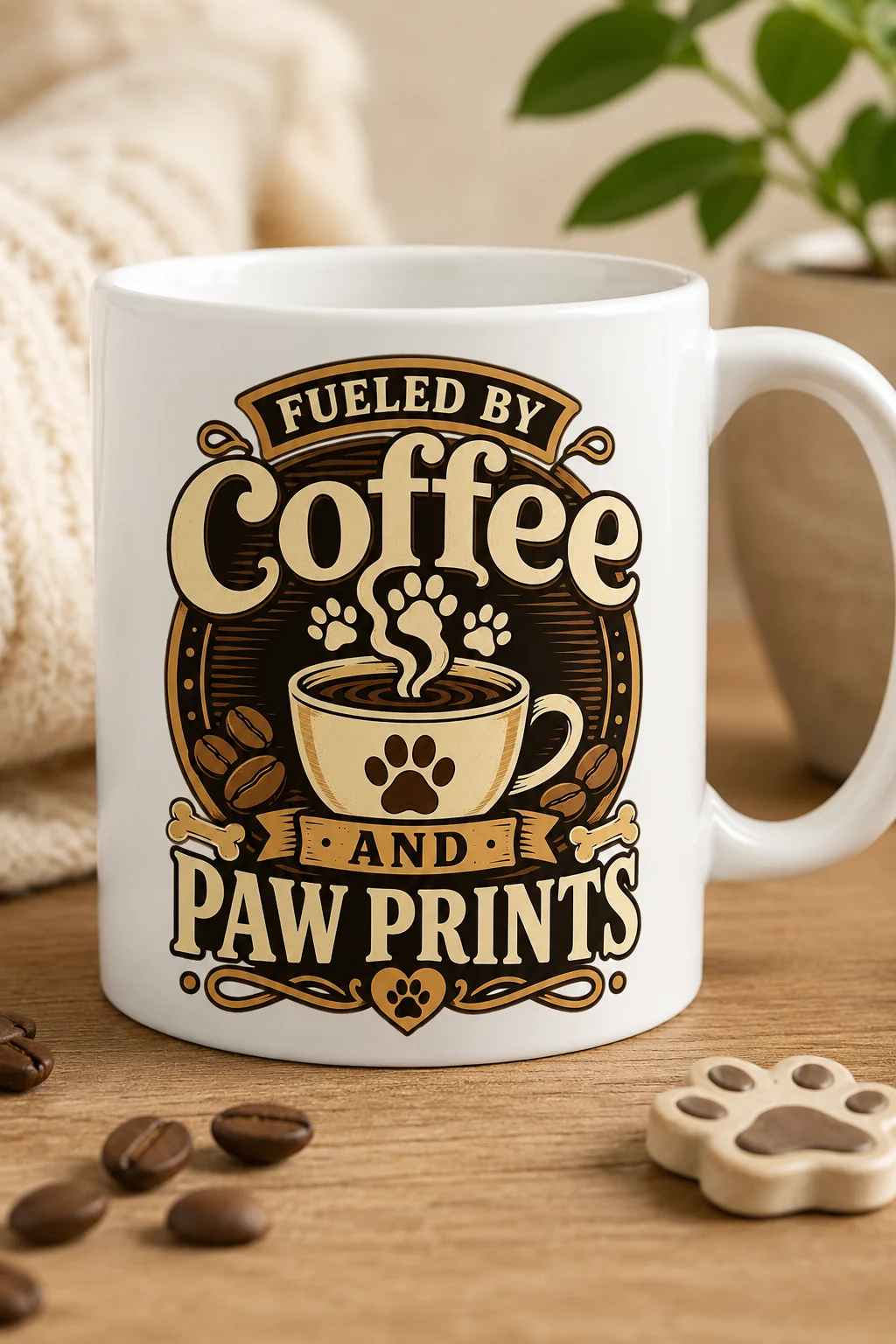 Close-up of a mug displaying the Fueled By Coffee And Paw Prints café-style design on a warm neutral tabletop with minimal dog-themed accents