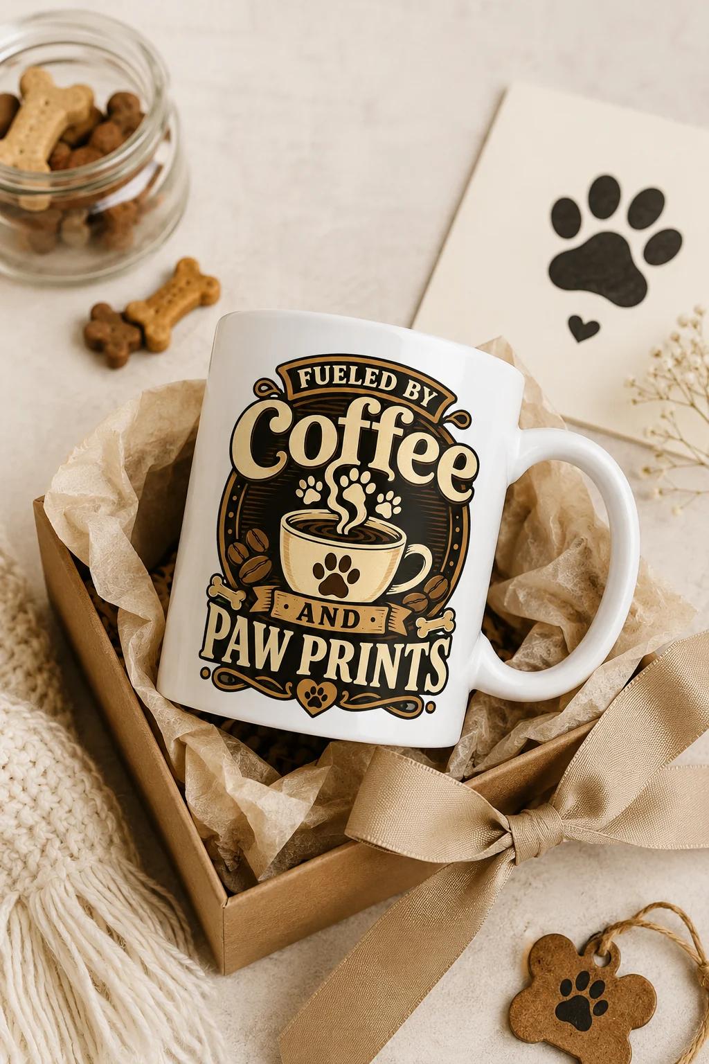 Fueled By Coffee And Paw Prints mug arranged in a gift flat lay with a kraft box, ribbon, tissue paper, dog treat jar, and paw-print card