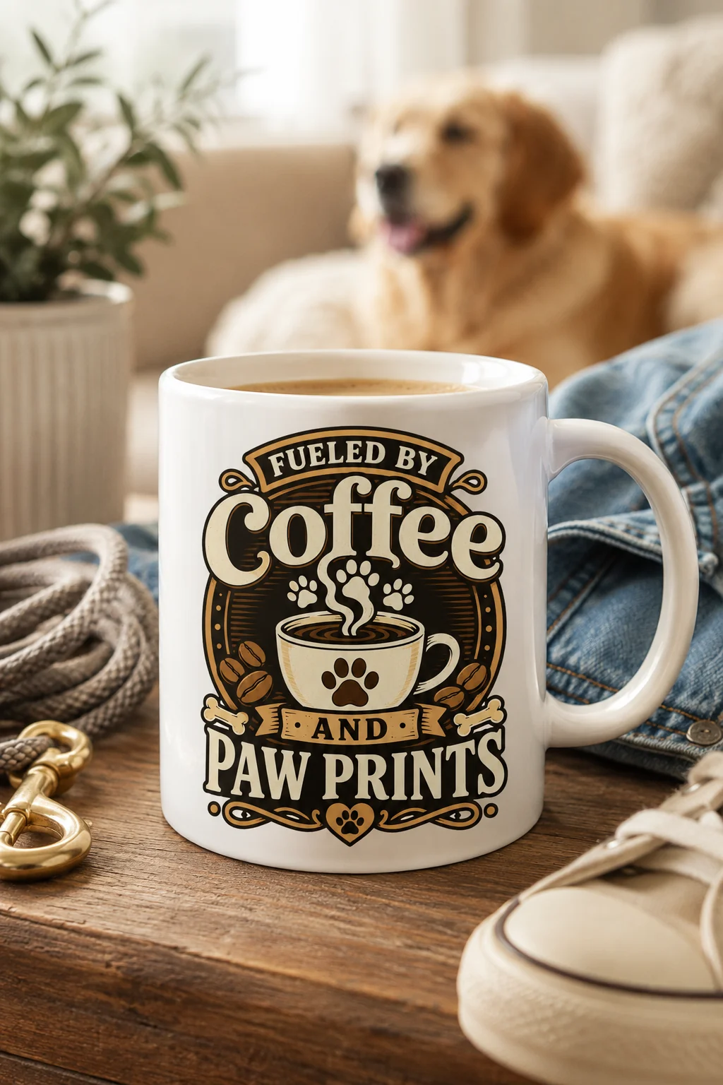 Fueled By Coffee And Paw Prints mug in a casual home scene beside a coiled leash, neutral sneakers, denim, and walk-ready accessories