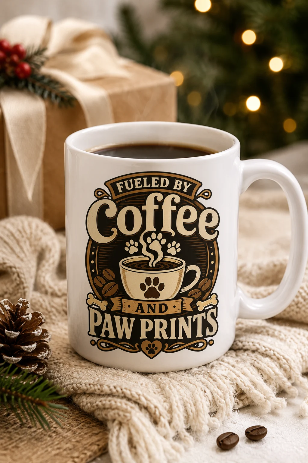 Fueled By Coffee And Paw Prints mug styled with a cozy blanket, simple gift wrap, and understated seasonal greenery