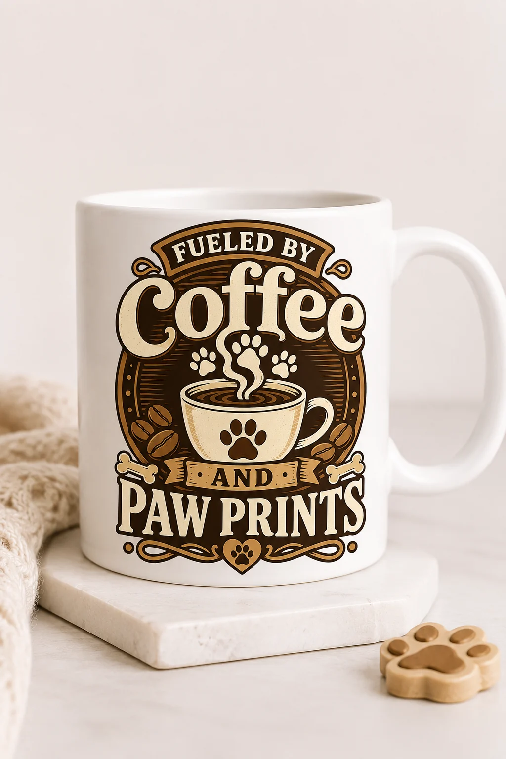 Front-facing Fueled By Coffee And Paw Prints mug on a plain neutral surface with soft fabric and a subtle paw-print prop