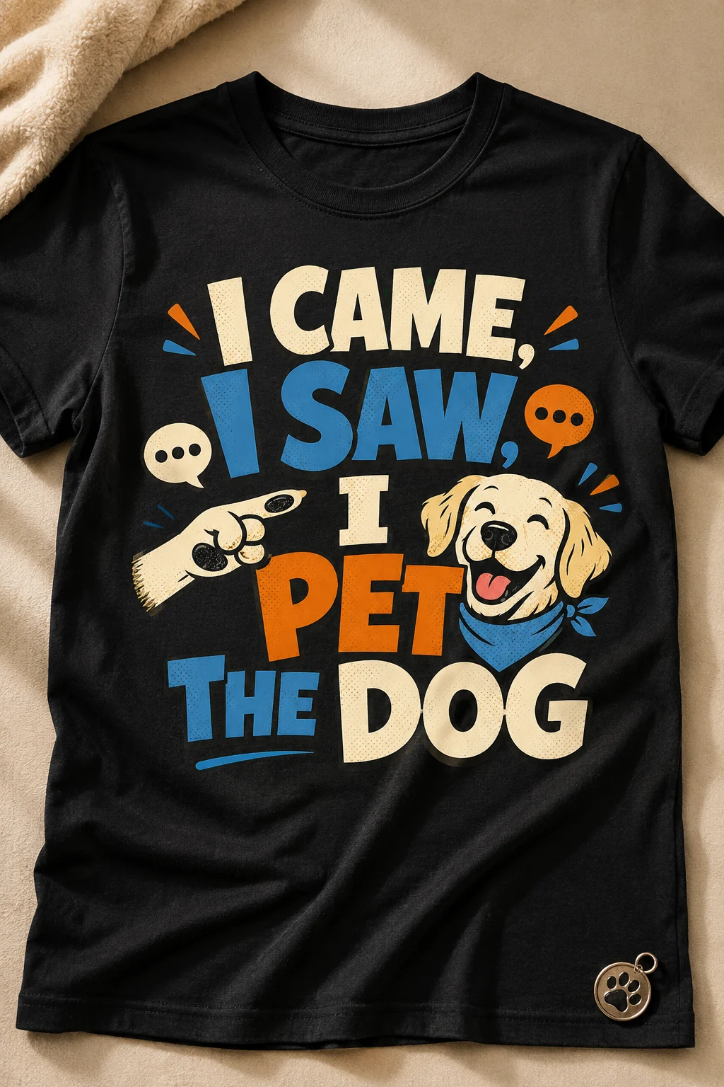 Close-up of a dog mom t-shirt displaying the phrase I Came, I Saw, I Pet The Dog on a warm neutral studio surface with minimal props