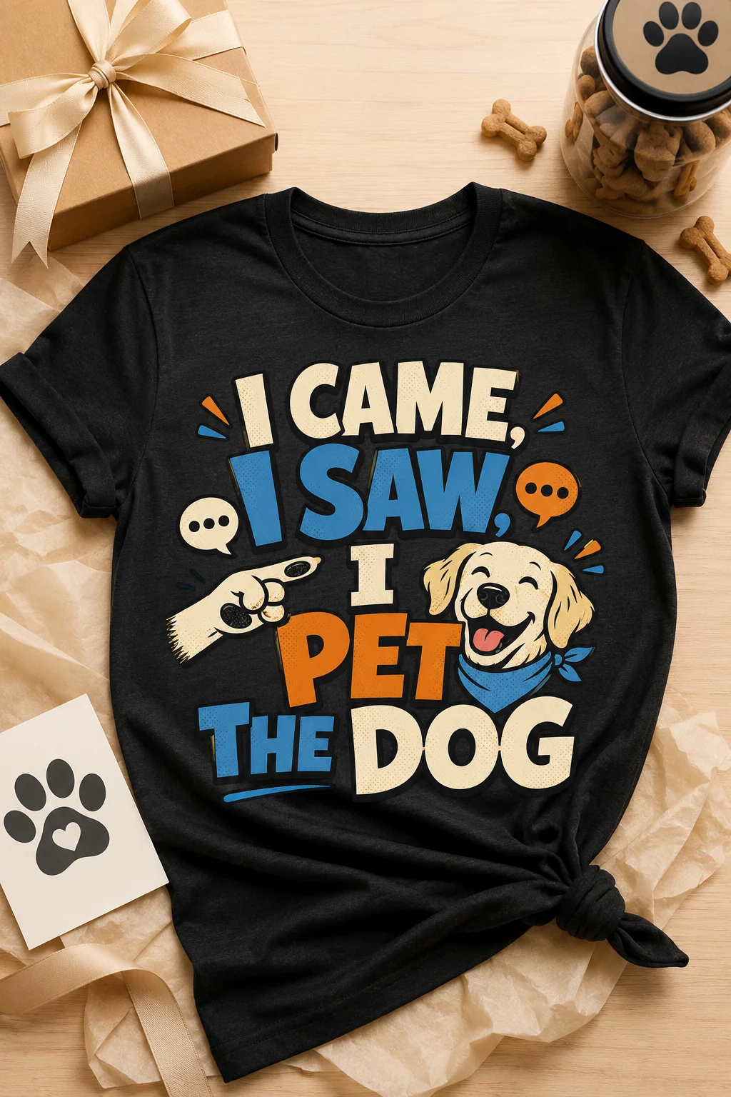I Came, I Saw, I Pet The Dog t-shirt arranged as a gift with a kraft box, ribbon, tissue paper, dog treat jar, and paw-print card
