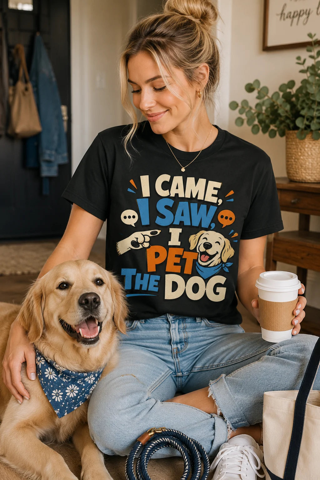 Casual dog mom outfit scene with the graphic t-shirt, coiled leash, coffee cup, neutral sneakers, and denim