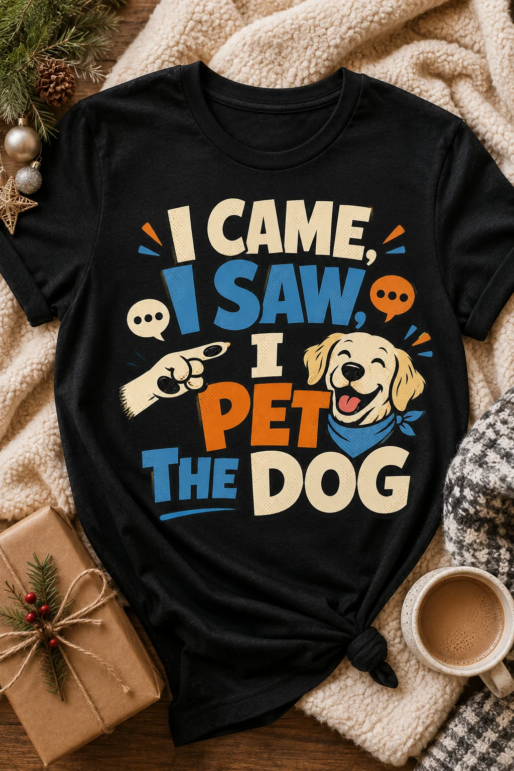 Graphic dog mom t-shirt in a cozy seasonal gift setting with neutral wrapping, greenery, a warm mug, and a folded blanket
