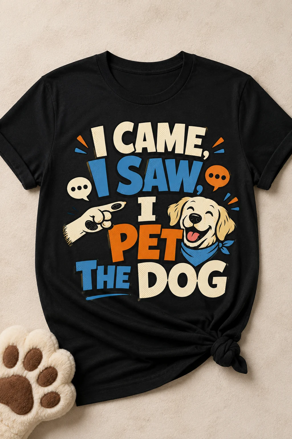 I Came, I Saw, I Pet The Dog t-shirt displayed against a plain neutral background with soft fabric texture and a subtle paw-print prop