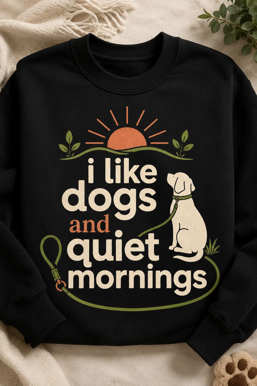 Close-up of a sweatshirt featuring the words I Like Dogs And Quiet Mornings on a warm neutral studio surface with minimal dog-themed props