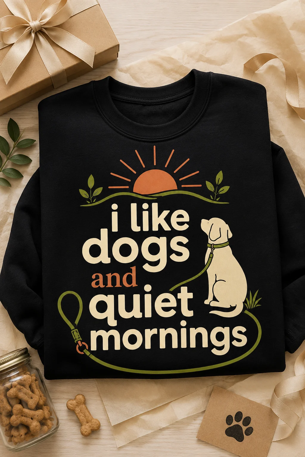 I Like Dogs And Quiet Mornings sweatshirt arranged as a gift with a kraft box, ribbon, dog treat jar, paw-print card, and neutral tissue paper