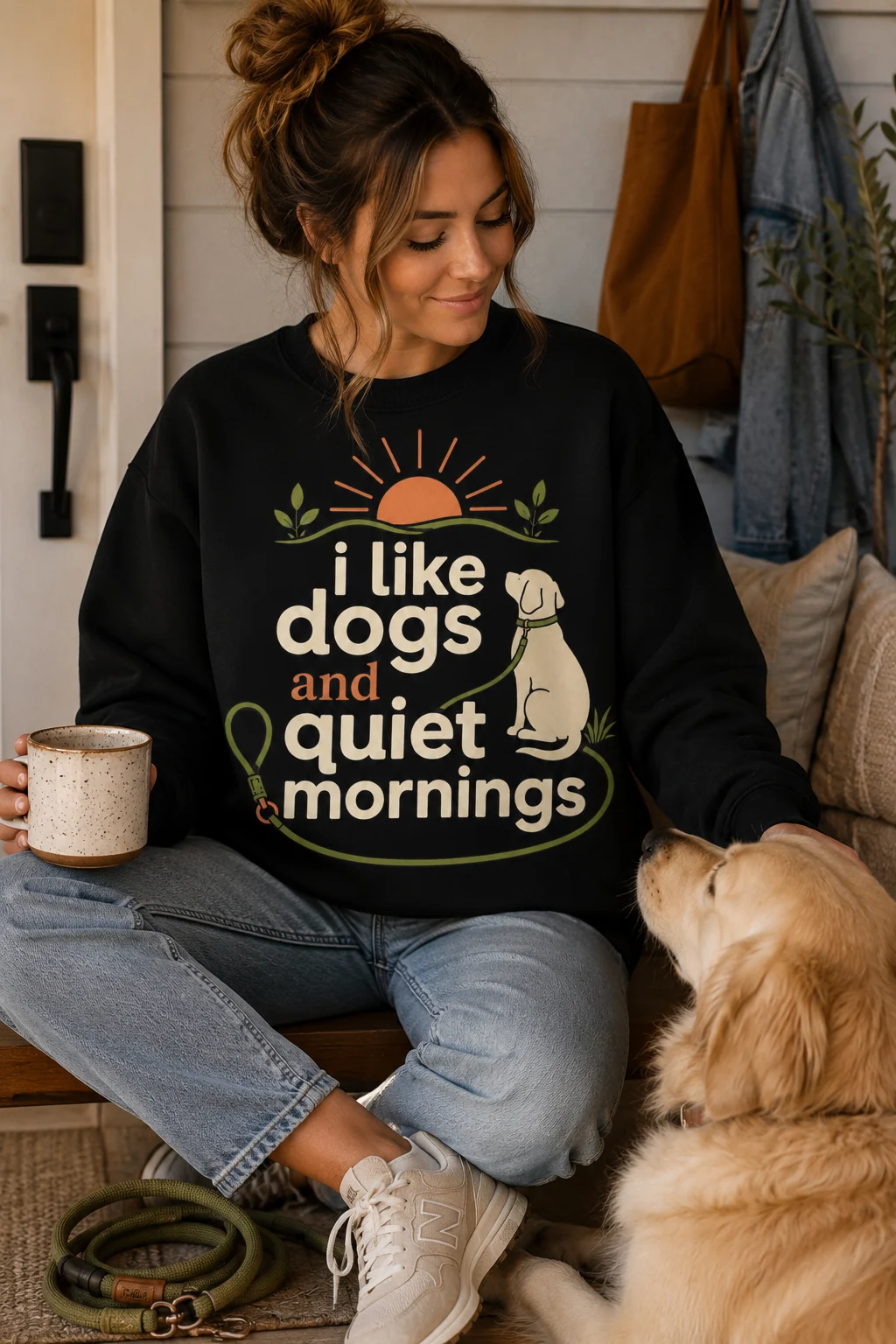 I Like Dogs And Quiet Mornings sweatshirt styled with a coiled leash, coffee cup, neutral sneakers, denim, and casual walk-ready accessories
