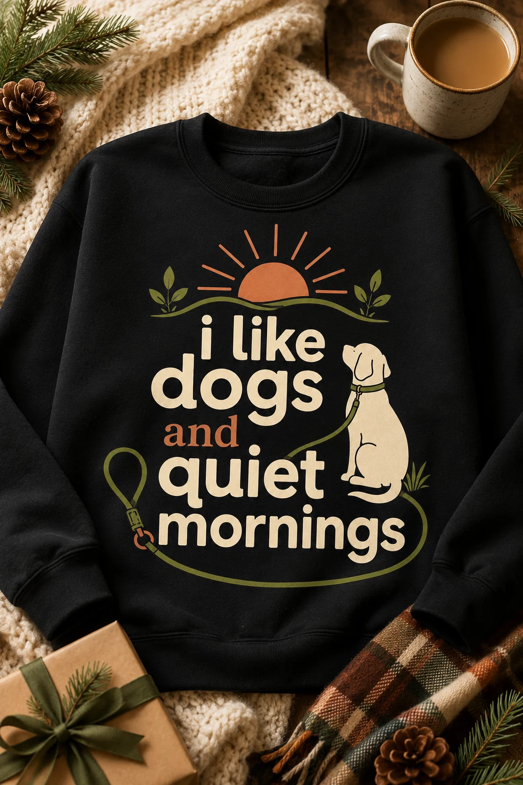 I Like Dogs And Quiet Mornings sweatshirt in a cozy seasonal scene with a blanket, warm mug, subtle greenery, and neutral gift wrap