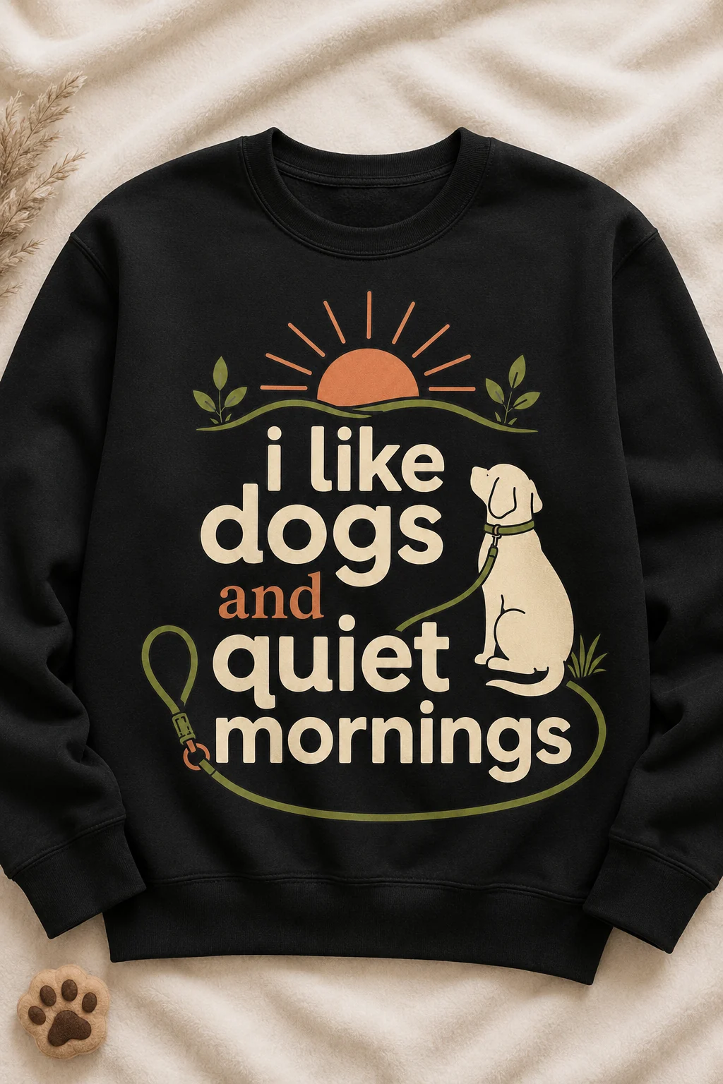 I Like Dogs And Quiet Mornings sweatshirt centered against a plain neutral background with soft fabric texture and a subtle paw-print prop