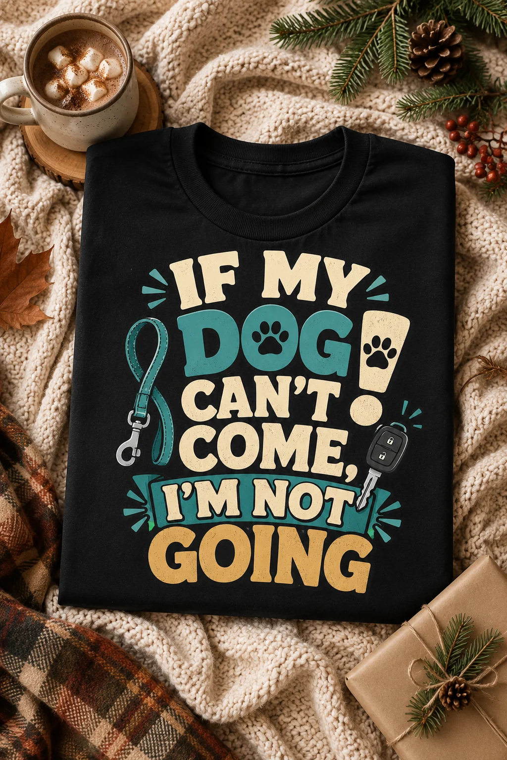 Dog mom t-shirt shown in a close-up neutral studio setting with the If My Dog Can’t Come, I’m Not Going design centered on the front