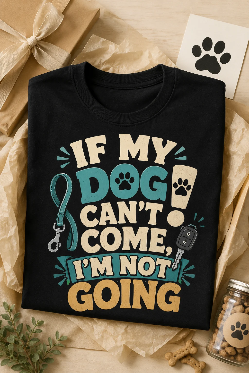 Dog mom t-shirt arranged as a gift with neutral wrapping, ribbon, tissue paper, and dog-themed accents