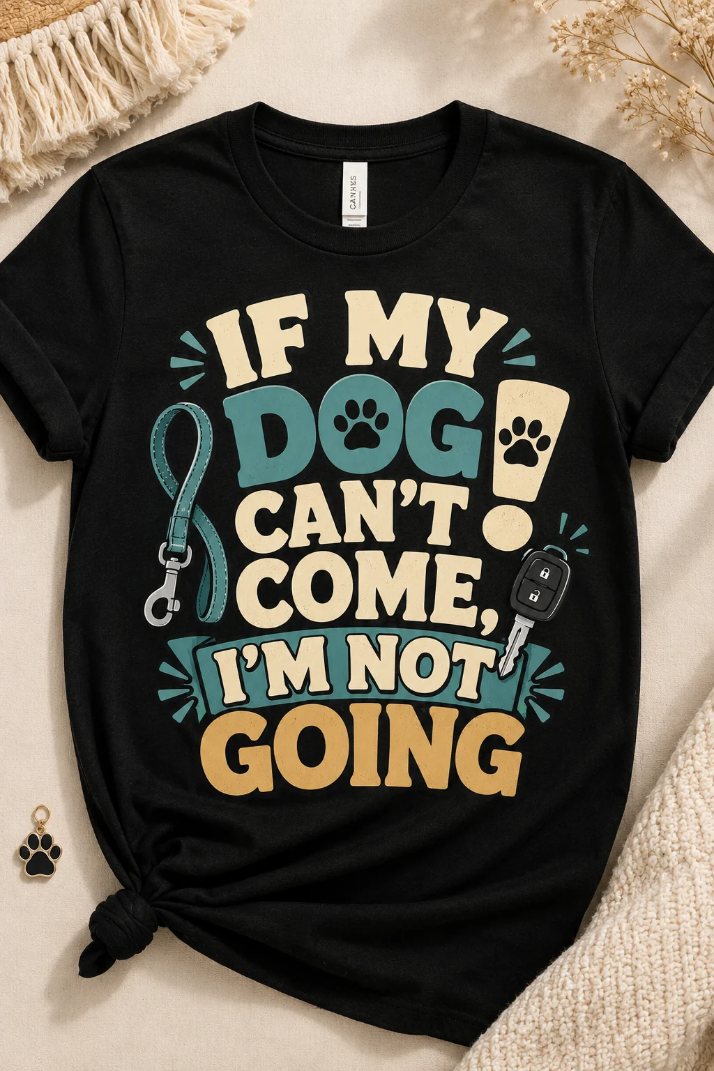 Dog mom t-shirt styled with a coiled leash, coffee cup, sneakers, and denim for a casual walk-ready outfit
