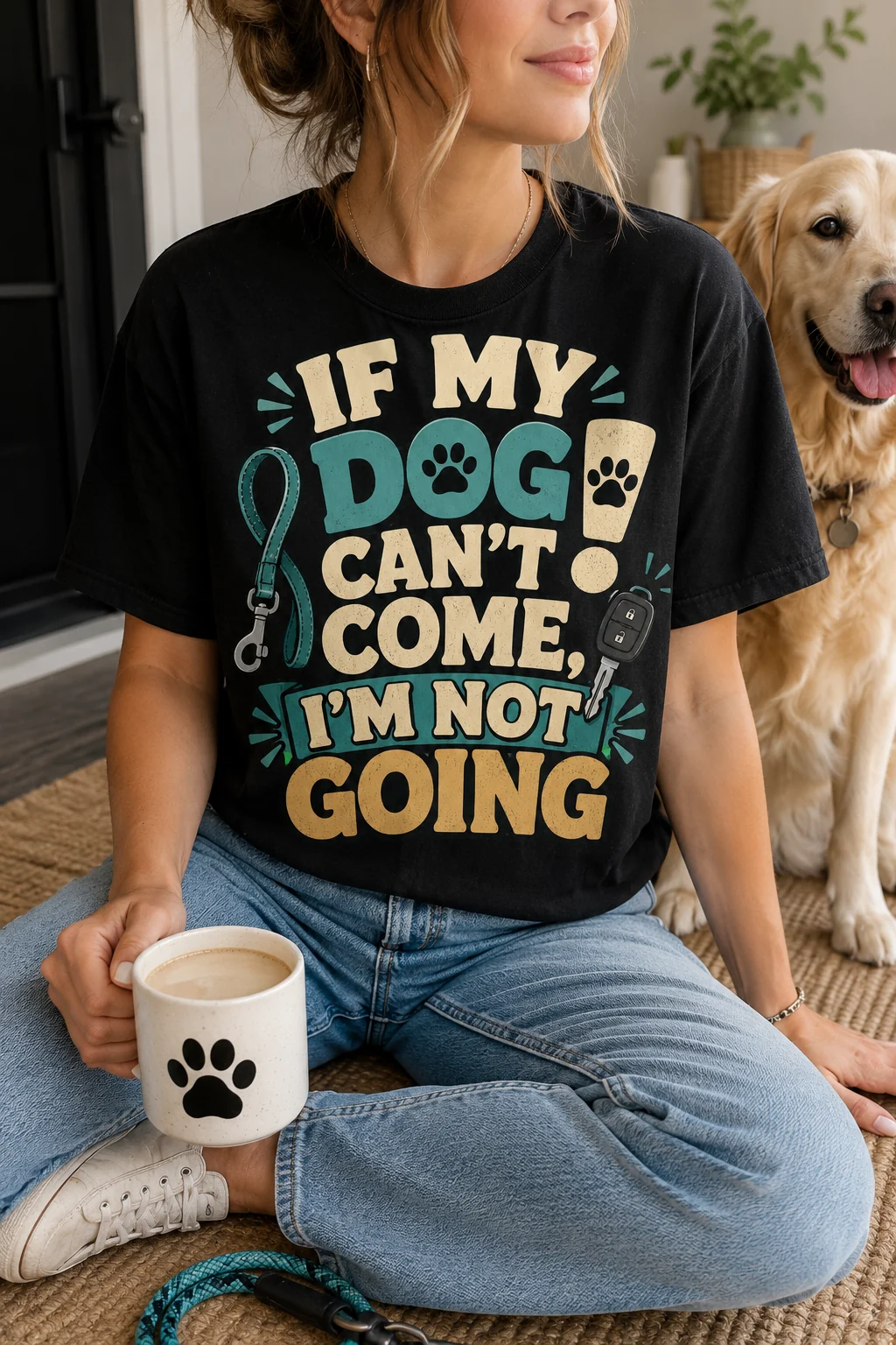 Dog mom t-shirt against a simple neutral background with the If My Dog Can’t Come, I’m Not Going wording as the main focus
