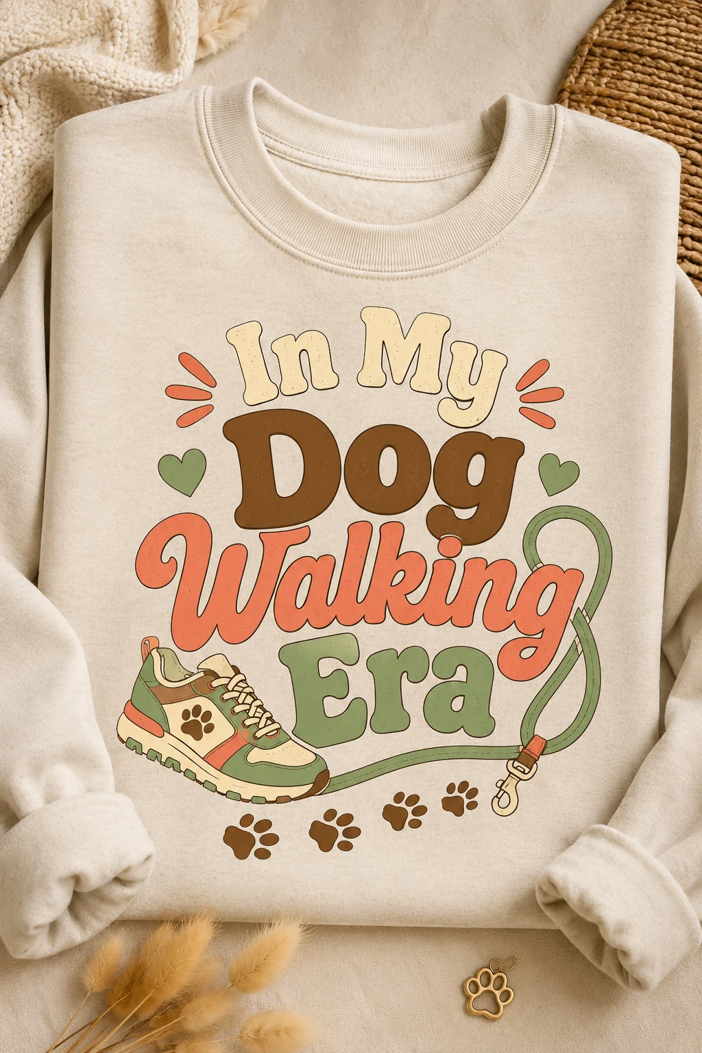 Close-up of a sweatshirt displaying the words In My Dog Walking Era with a walking shoe, leash loop, and small paw path on a warm neutral background