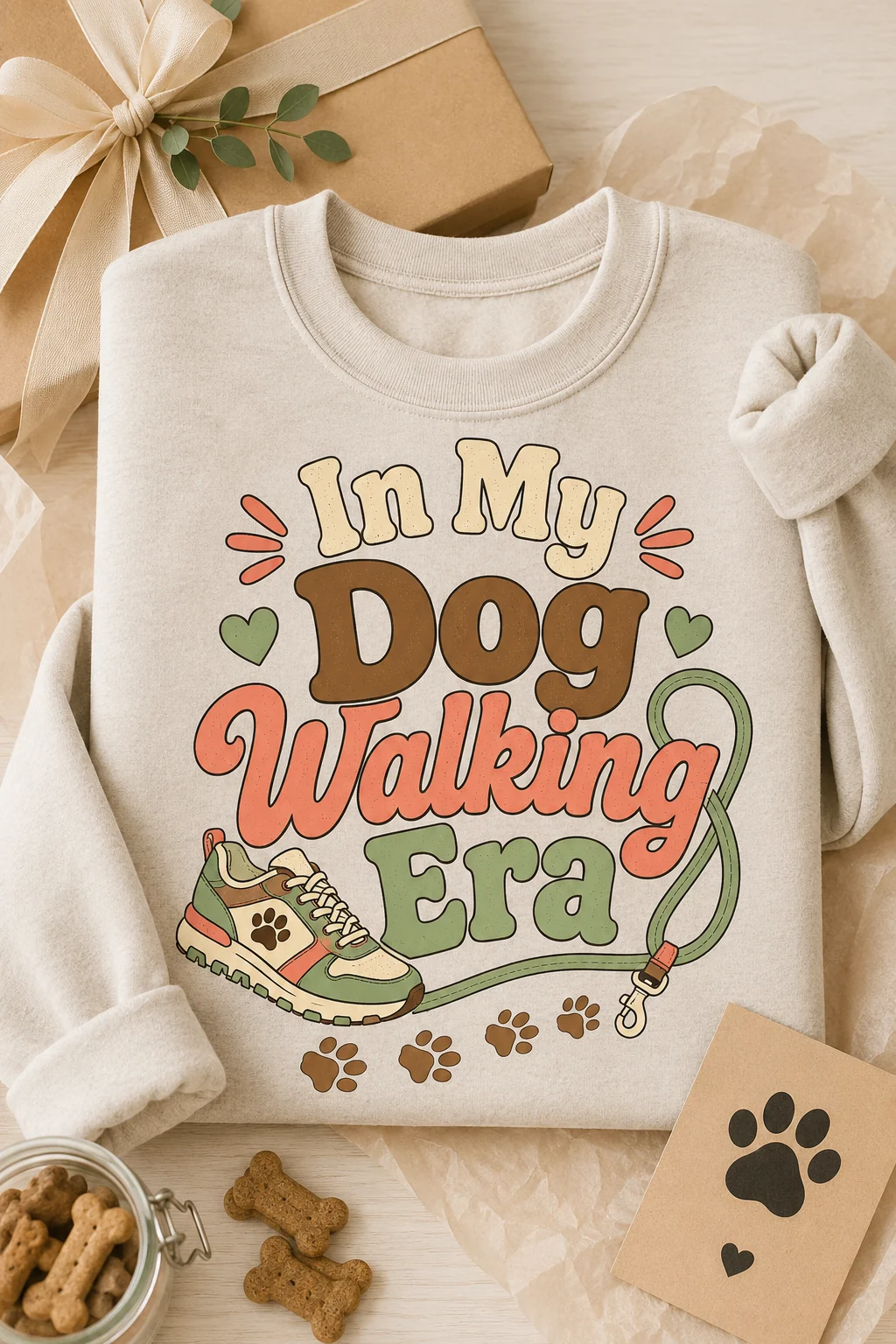 Folded In My Dog Walking Era sweatshirt arranged with a kraft gift box, ribbon, dog treat jar, paw-print card, and tissue paper