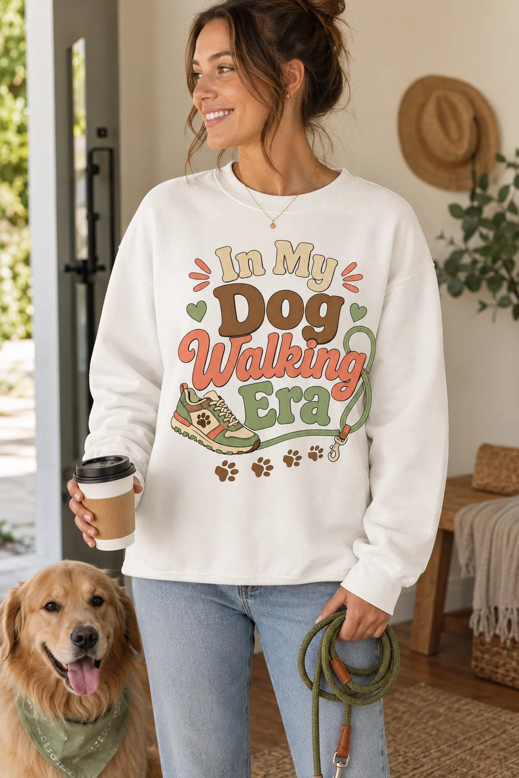 In My Dog Walking Era sweatshirt styled with a coiled leash, coffee cup, neutral sneakers, and denim in a casual walk-ready setting