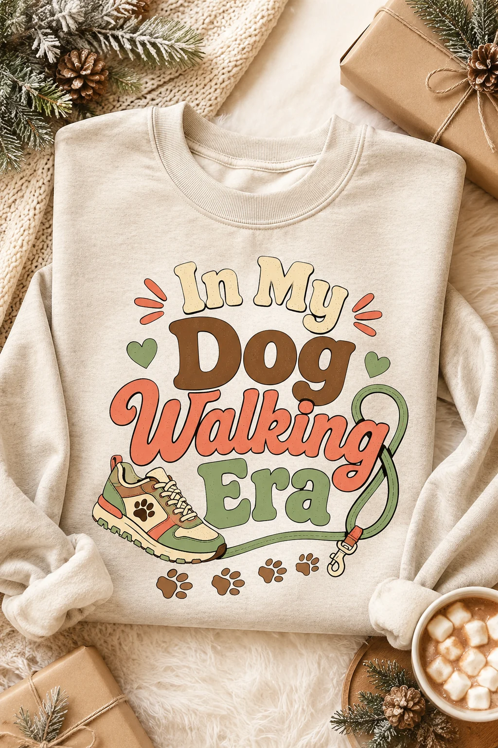 In My Dog Walking Era sweatshirt in a cozy seasonal scene with a blanket, warm mug, gift wrap, and subtle greenery