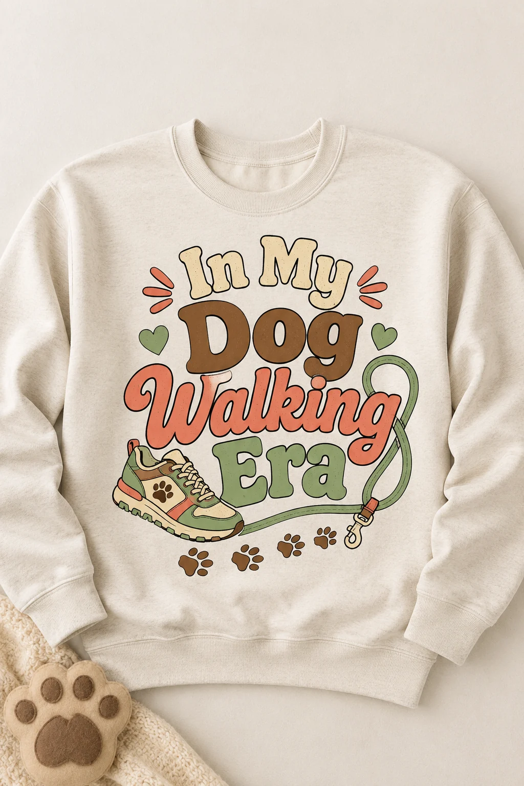 Front-facing In My Dog Walking Era sweatshirt on a plain neutral background with soft fabric texture and a subtle paw-print prop