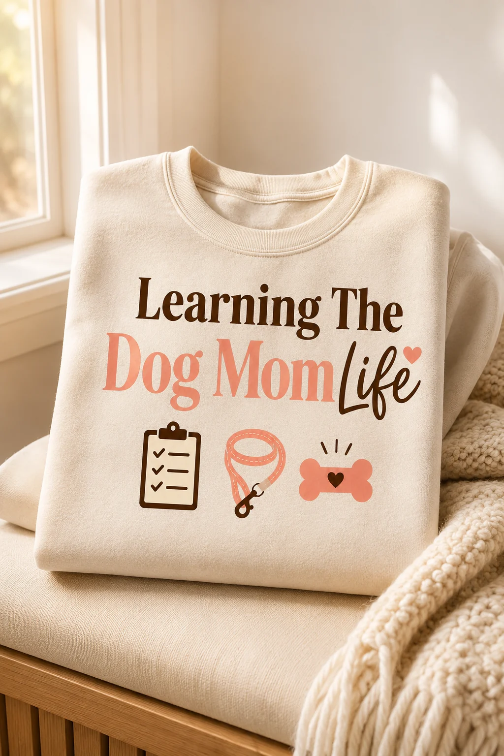 Learning The Dog Mom Life sweatshirt displayed on a warm bedroom bench beside a folded throw in soft morning light