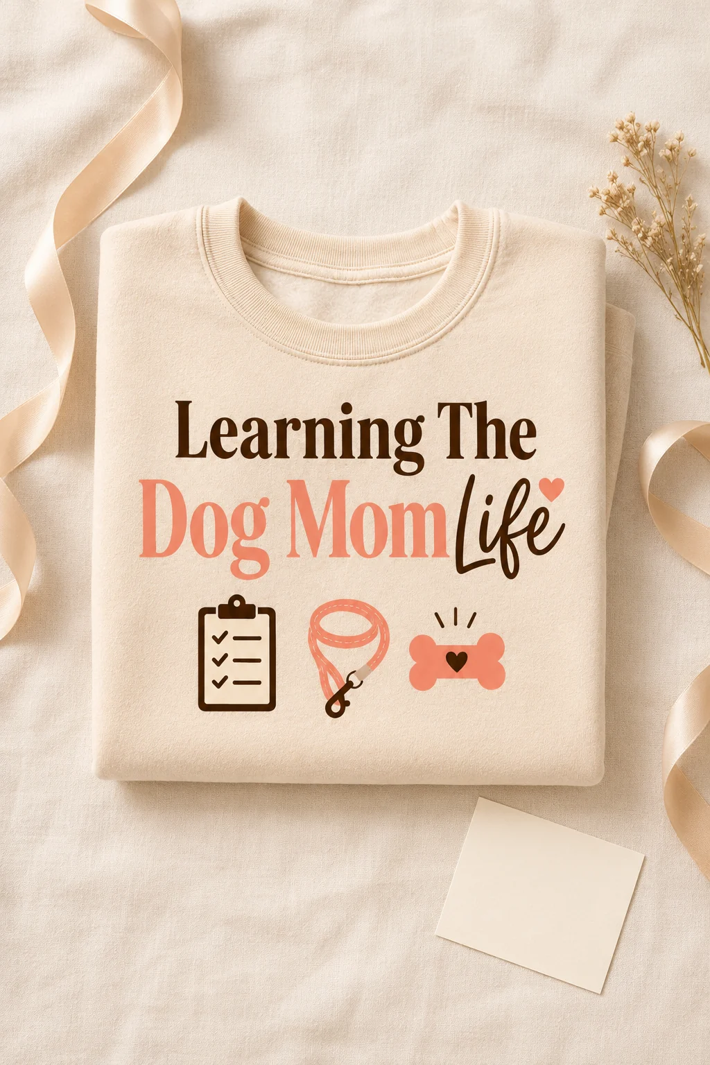 Learning The Dog Mom Life sweatshirt arranged in a neutral fabric gift flat lay with ribbon, a dried flower, and a blank card