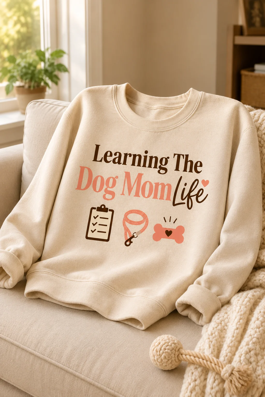 Learning The Dog Mom Life sweatshirt styled on a quiet living room sofa with a throw blanket, plain cushion, and dog toy