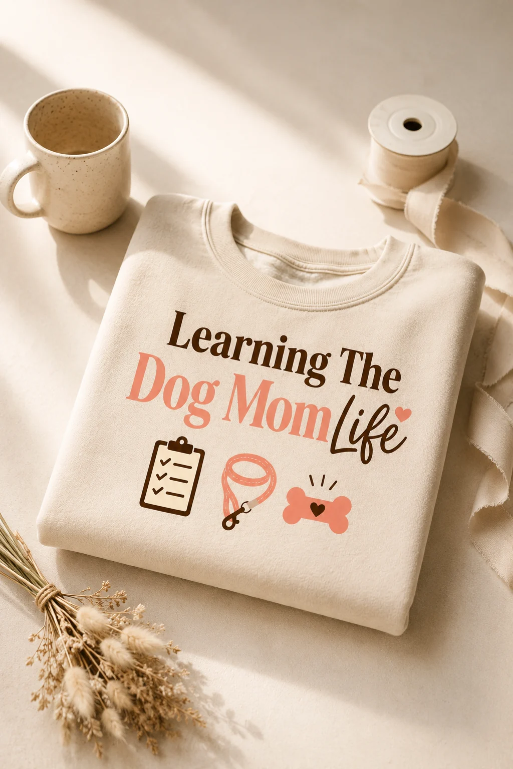 Learning The Dog Mom Life sweatshirt in a tabletop gift-guide arrangement with three coordinated neutral props