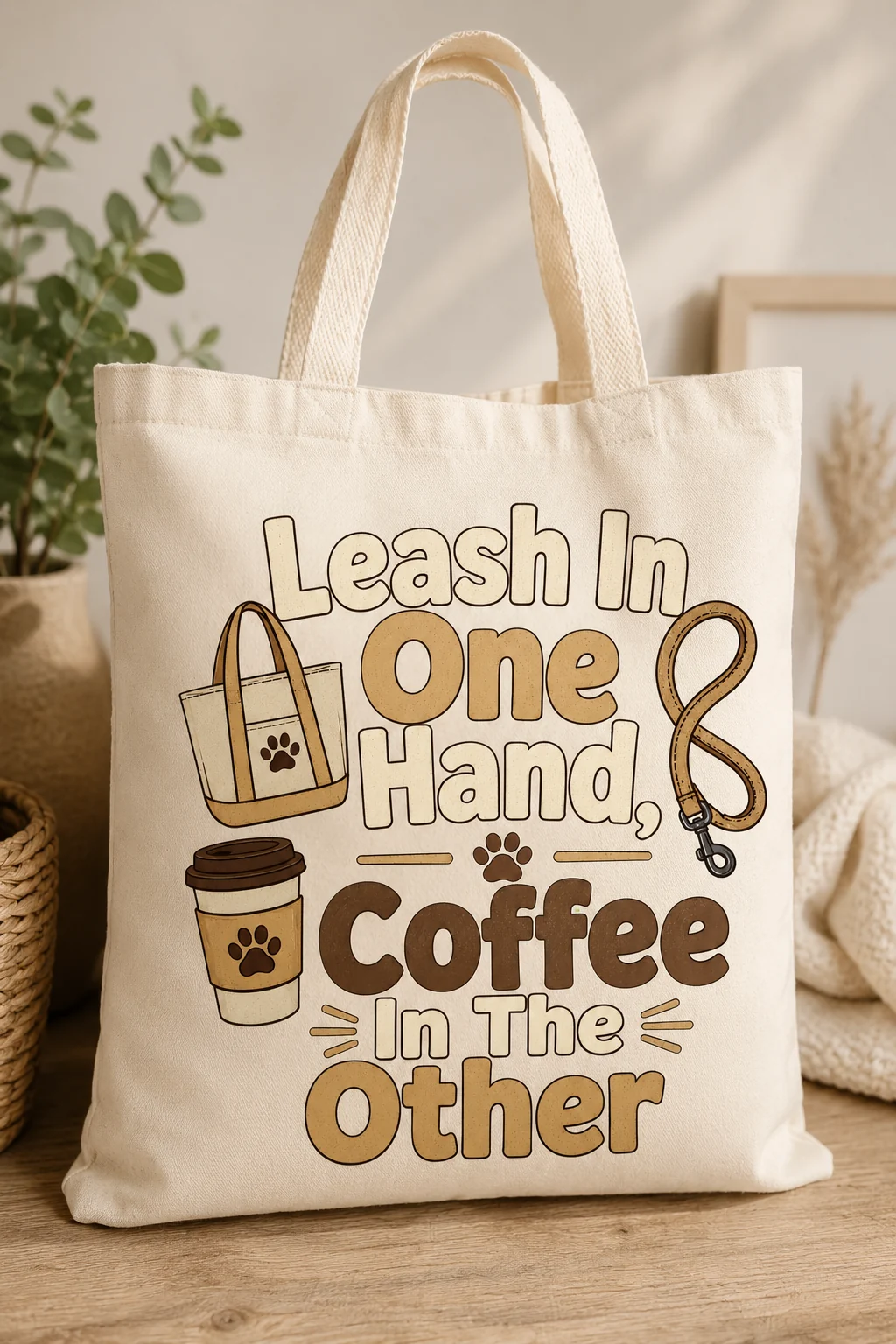 Neutral tote bag shown close up with the words Leash In One Hand, Coffee In The Other centered on the front beside minimal dog-themed props