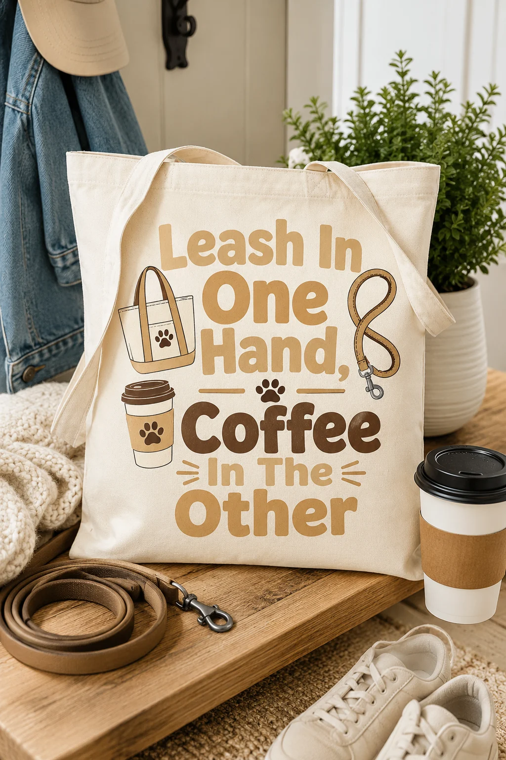 Leash-and-coffee tote in a casual walk-ready scene with a coiled leash, coffee cup, neutral sneakers, and denim