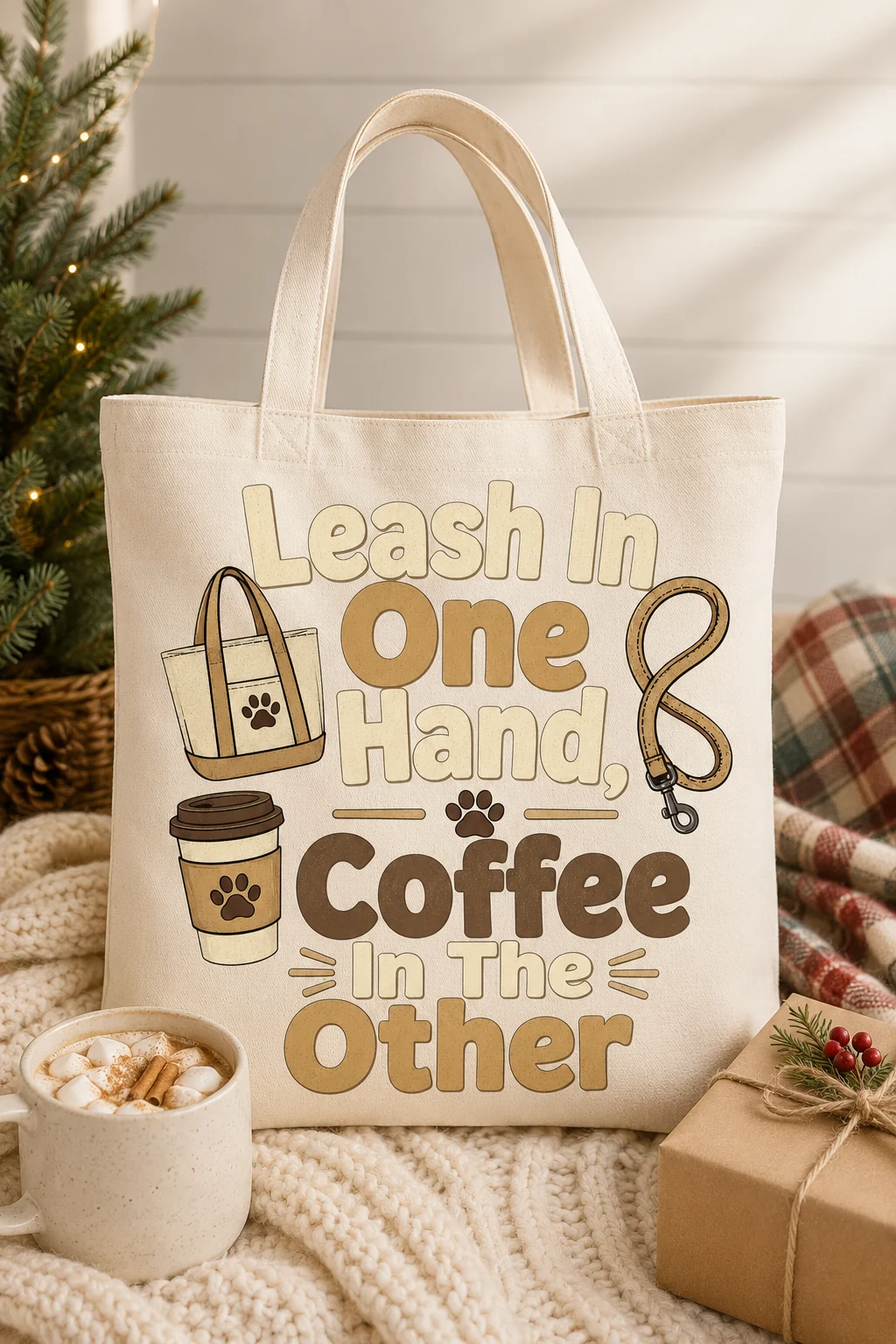 Dog mom tote displayed in a cozy seasonal gift scene with greenery, warm drink, blanket, and neutral wrapping accents