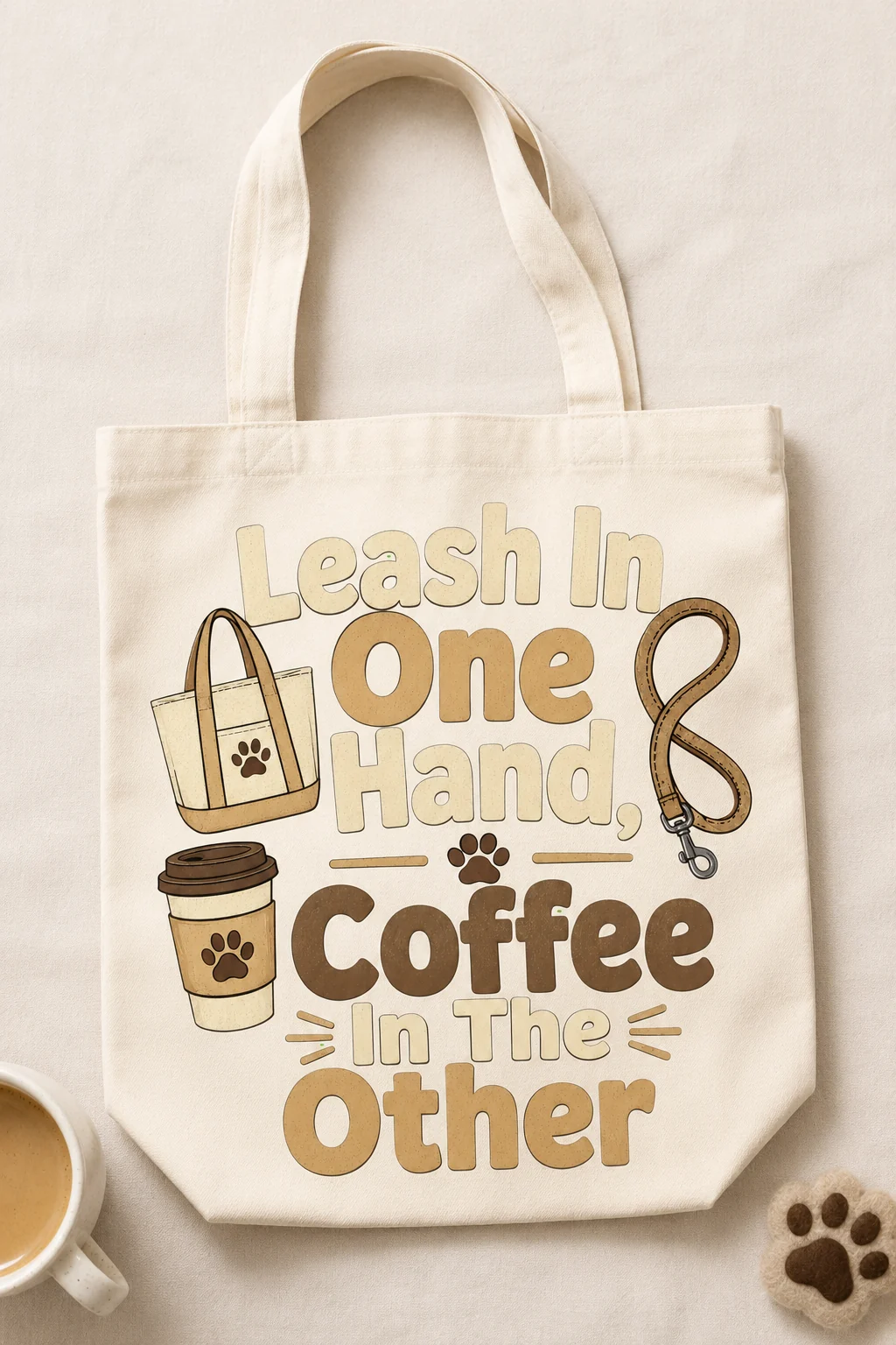 Front-facing tote on a plain neutral background with the dog mom quote emphasized beside a subtle paw-print prop