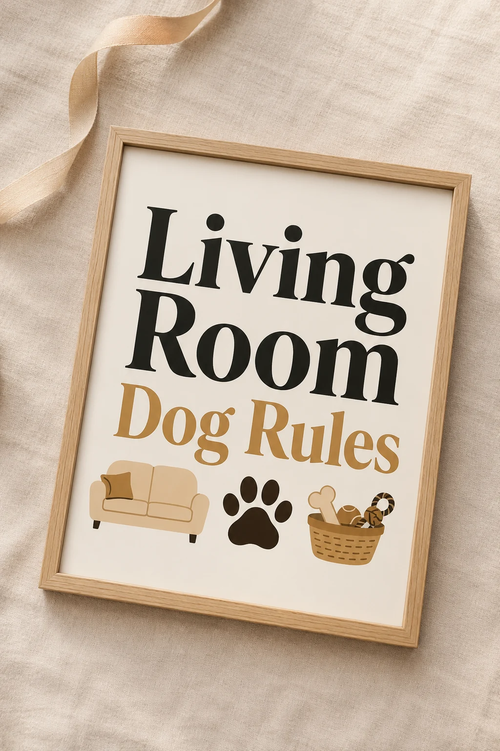 Living Room Dog Rules wall art displayed in a top-down close-up on a neutral linen surface with a plain ribbon nearby