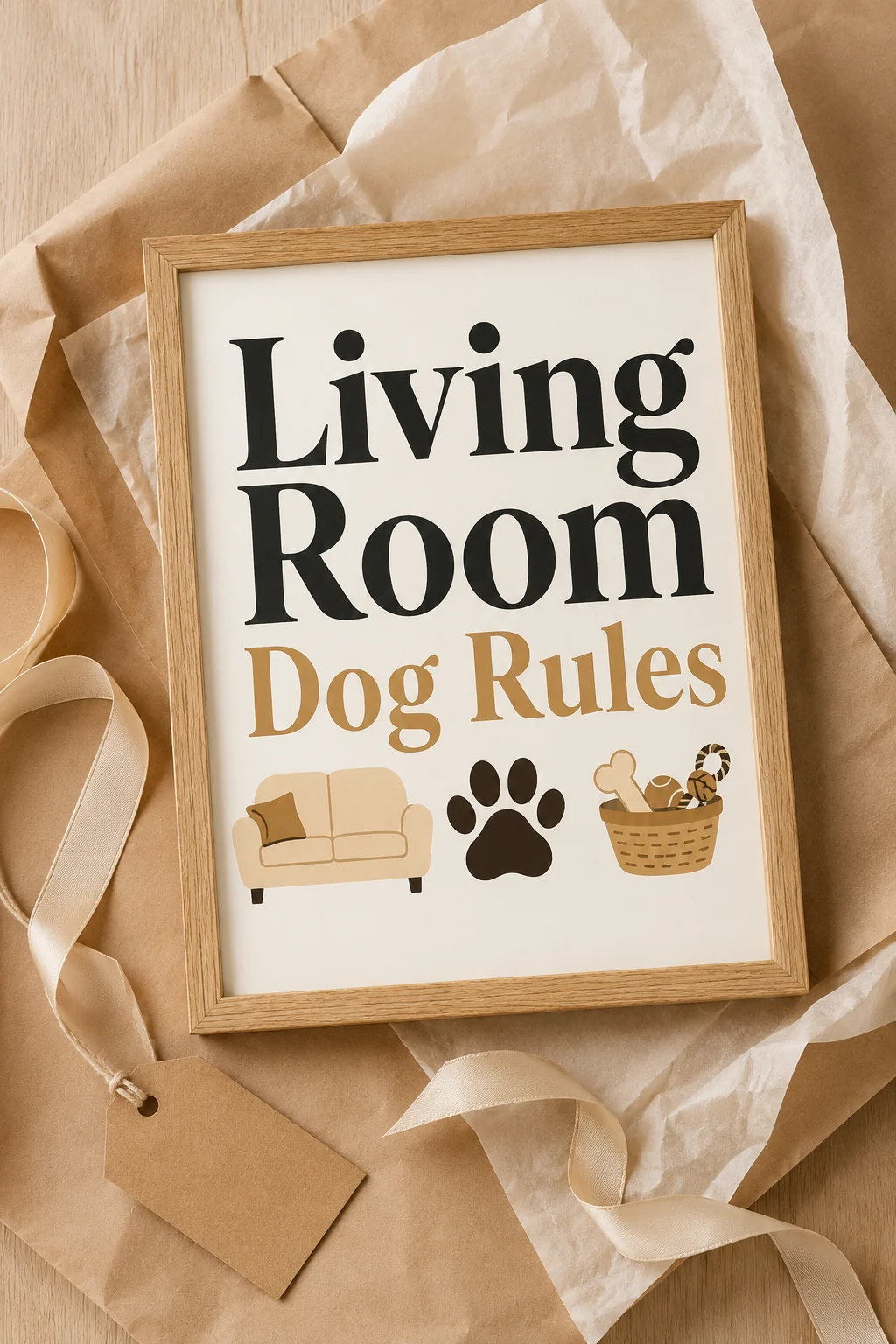 Living Room Dog Rules wall art arranged on a kraft-paper gift-wrapping table with ribbon, tissue paper, and a blank gift tag