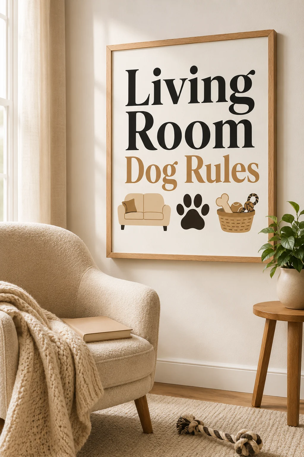 Living Room Dog Rules wall art styled in a cozy reading corner with a folded blanket, plain book, and dog toy nearby