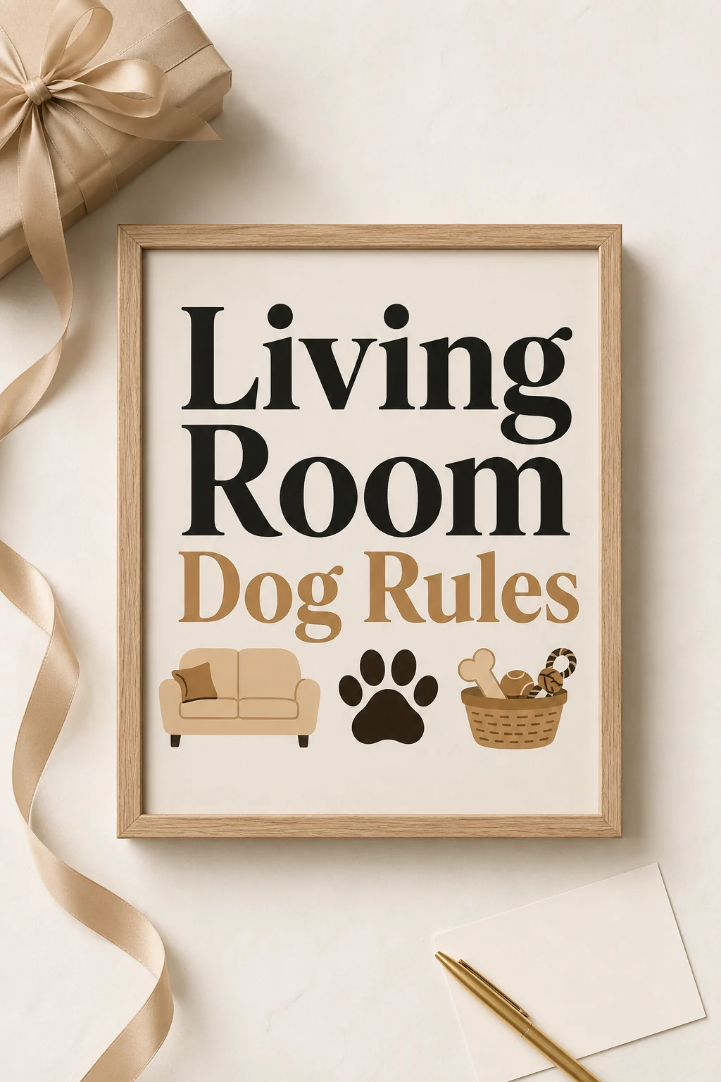 Living Room Dog Rules wall art featured in an organized top-down selection with neutral ribbon, a simple accessory, and a blank card