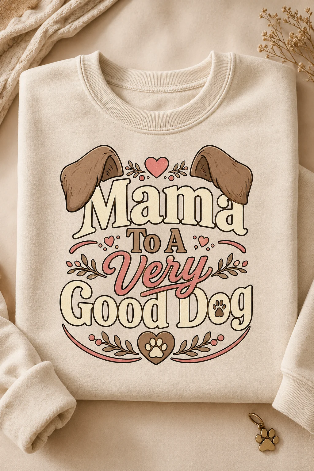 Folded sweatshirt with the Mama To A Very Good Dog design centered in a warm neutral product close-up with a small paw charm