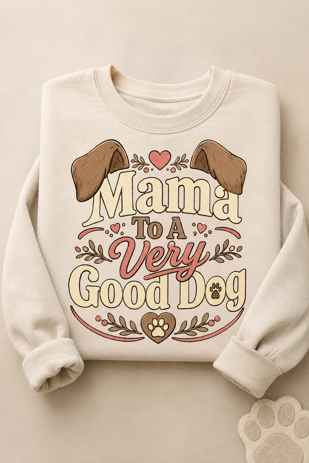 Mama To A Very Good Dog sweatshirt arranged with a kraft gift box, ribbon, dog treat jar, paw-print card, and neutral tissue paper
