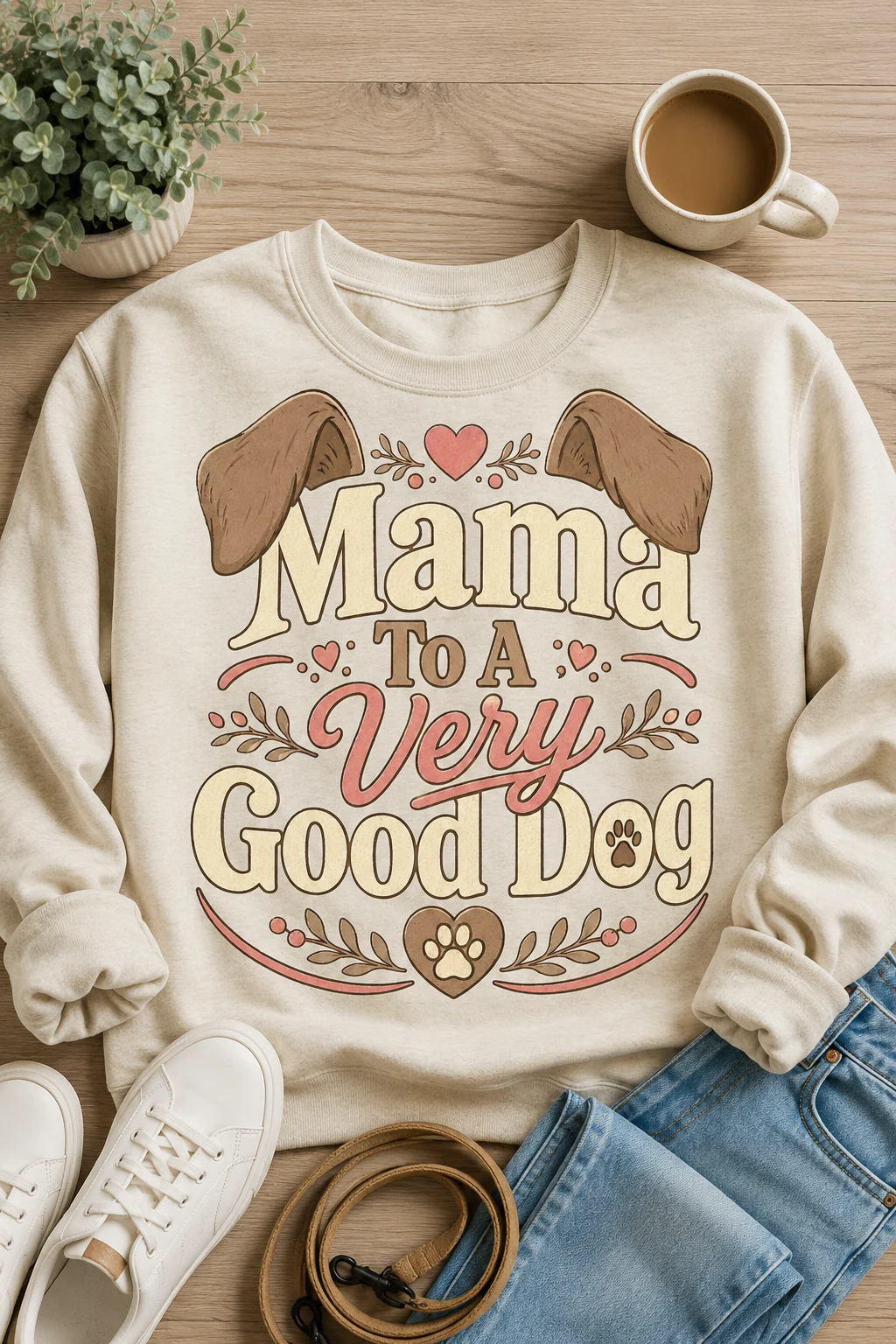 Mama To A Very Good Dog sweatshirt styled in a casual dog-walk scene with a leash coil, coffee cup, neutral sneakers, and denim