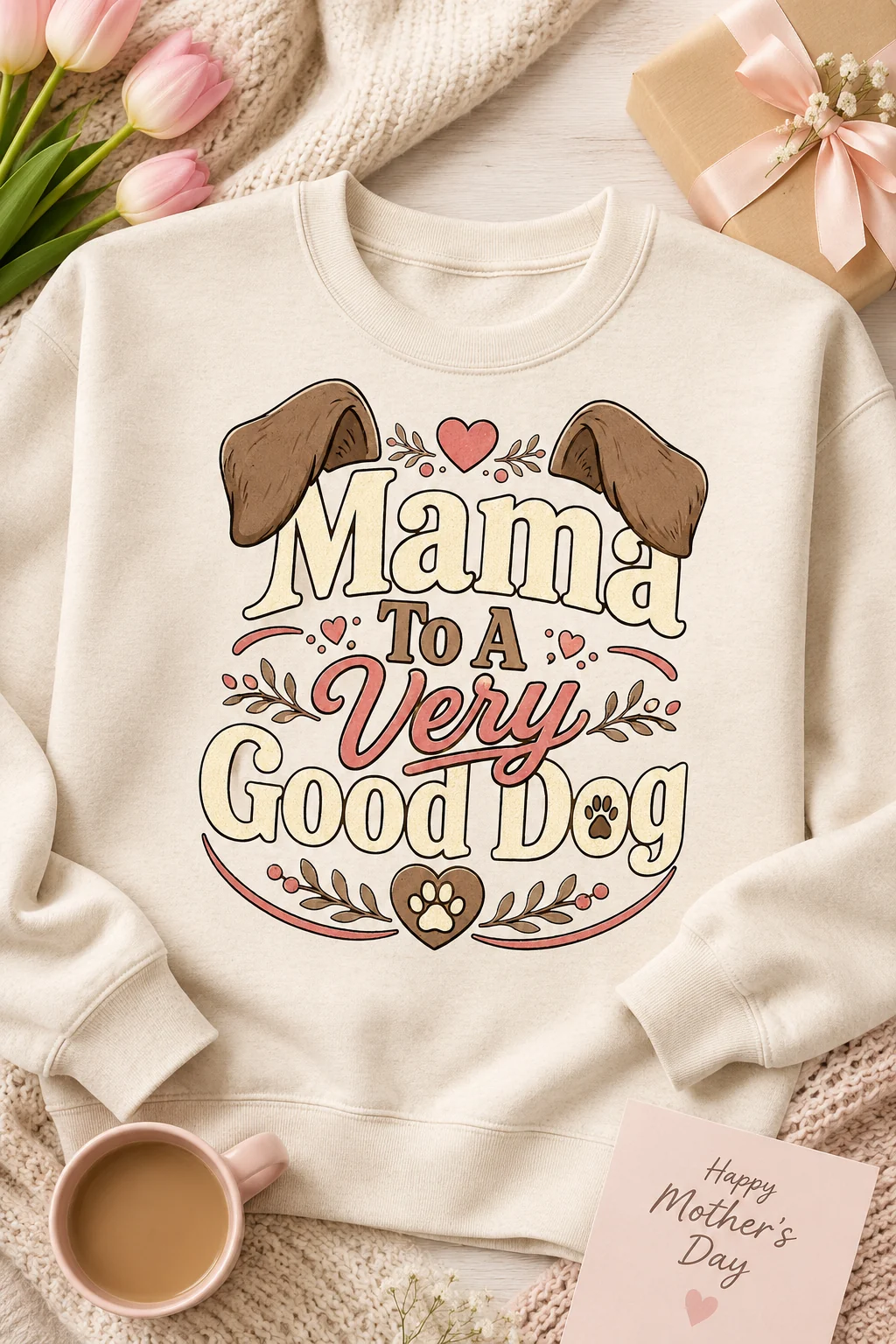 Mama To A Very Good Dog sweatshirt in a seasonal gift setting with subtle greenery, a cozy blanket, gift wrap, and a warm mug