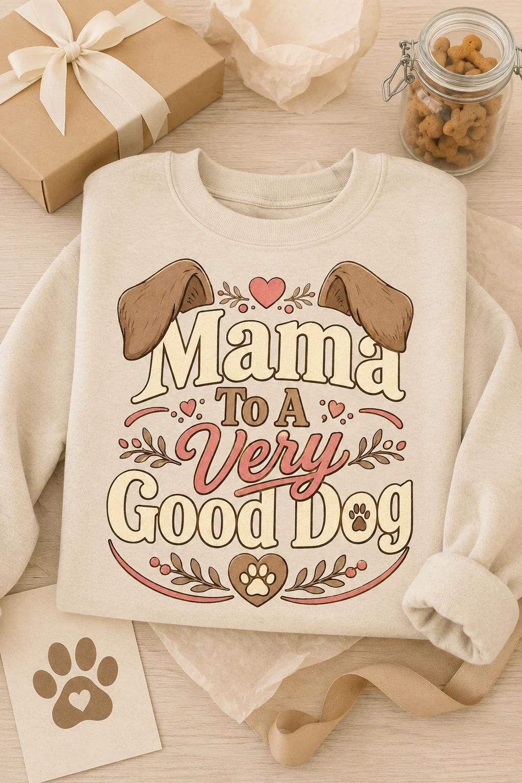 Front-facing Mama To A Very Good Dog sweatshirt on a plain neutral background with a subtle paw-print prop and soft fabric texture