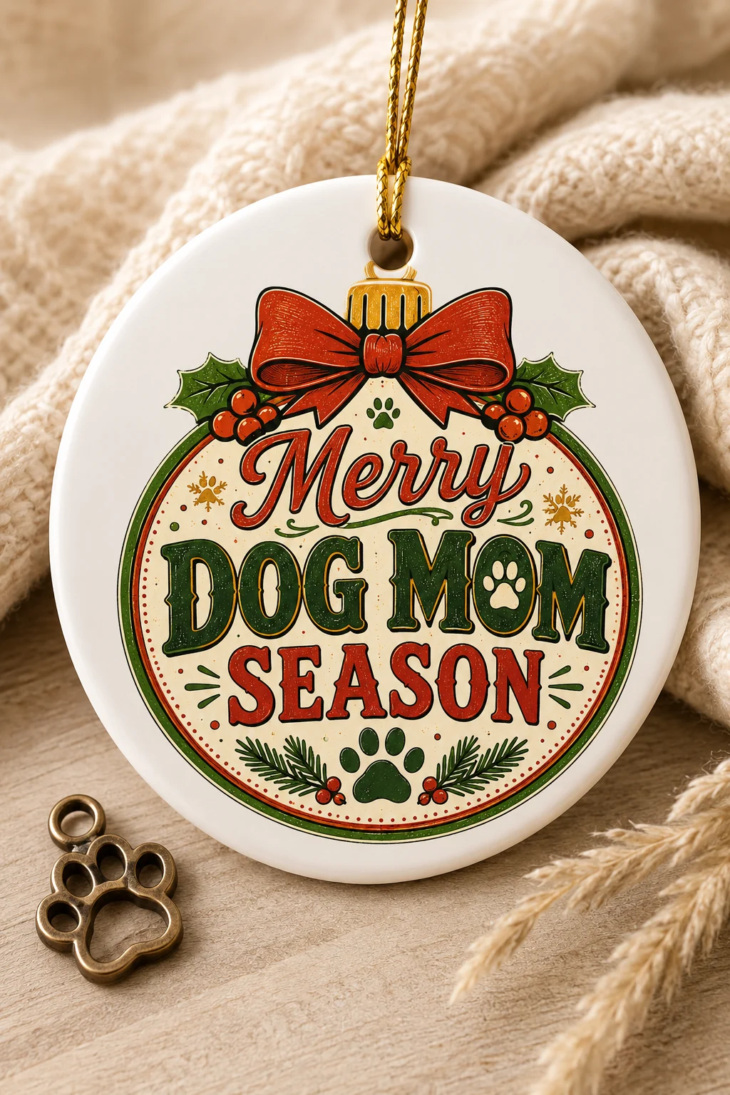 Round white Merry Dog Mom Season ornament hanging from a gold cord against cream knitted fabric with a small bronze paw charm nearby