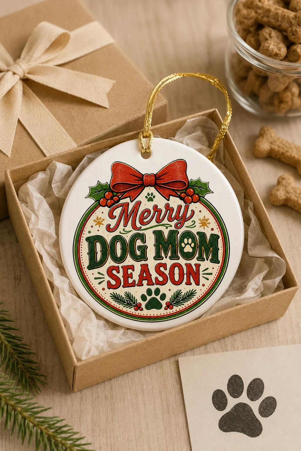 Merry Dog Mom Season ornament arranged inside a kraft gift box with tissue paper, a paw-print card, ribbon, and dog treats