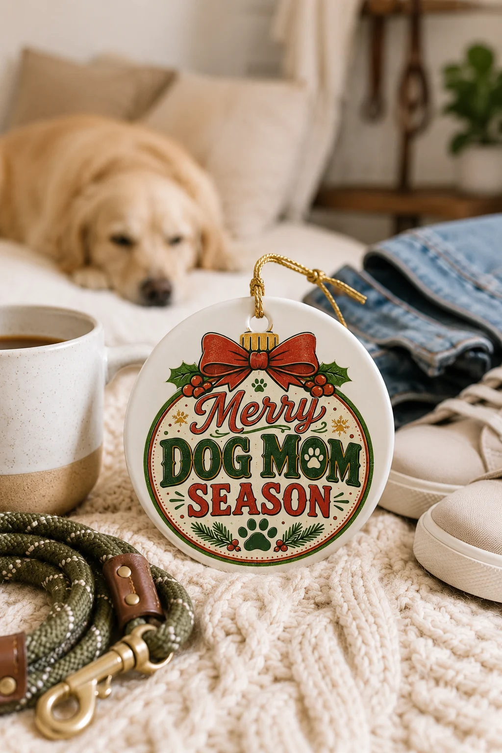 Merry Dog Mom Season ornament displayed beside a coffee mug, coiled leash, sneakers, folded denim, and a resting golden-colored dog