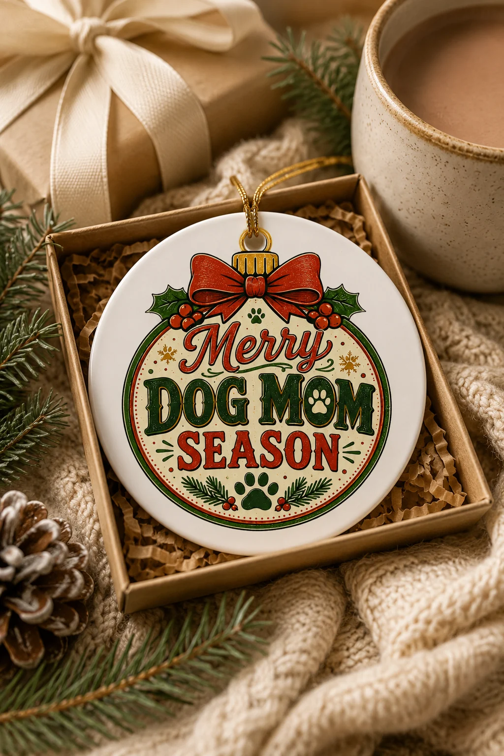 Merry Dog Mom Season ornament in a kraft box beside a warm drink, evergreen branches, a pinecone, wrapped gift, and cream blanket