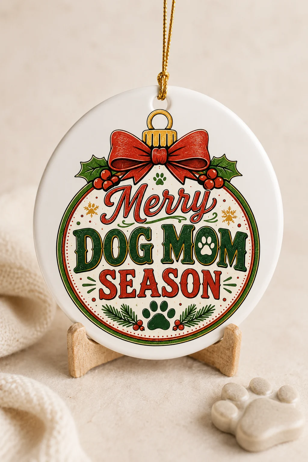 Merry Dog Mom Season ornament hanging above a small wooden display stand on a soft cream background with a paw-shaped accent