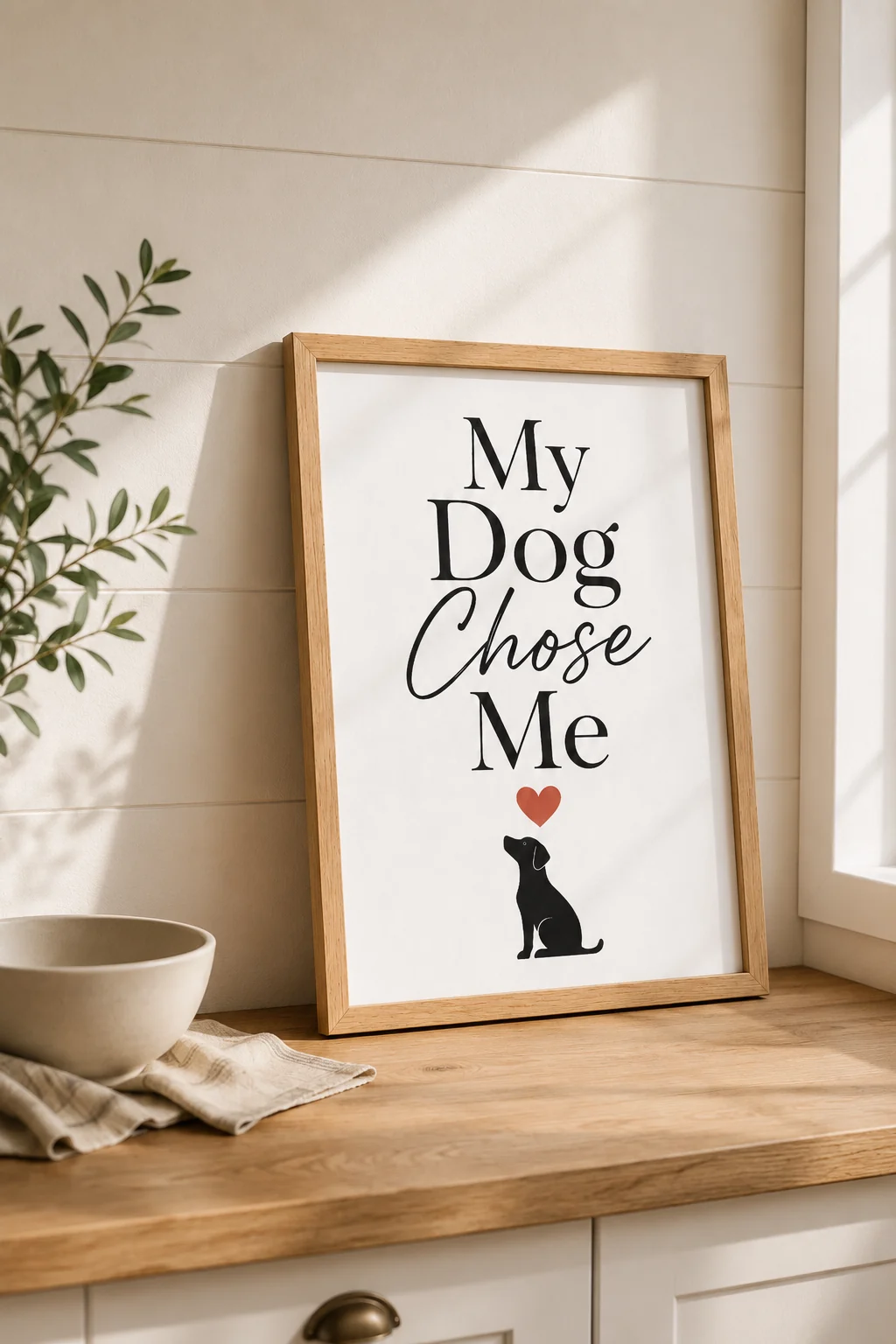 My Dog Chose Me wall art styled in a sunlit kitchen nook with a plain ceramic bowl and neutral cloth