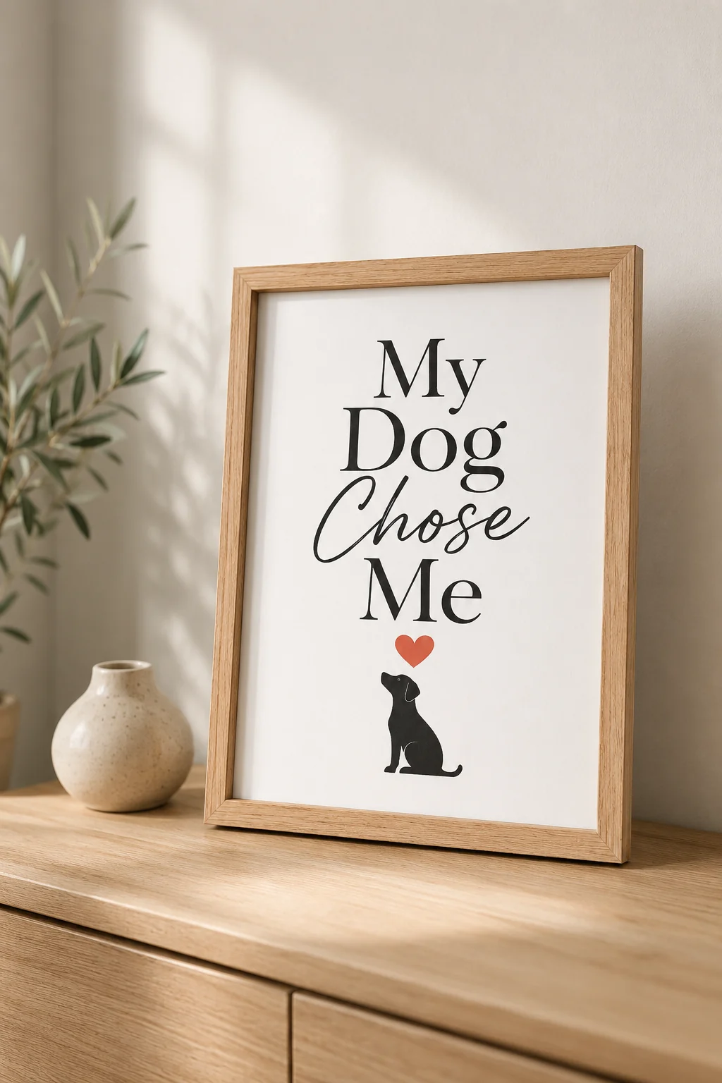 My Dog Chose Me wall art arranged on a simple lifestyle shelf beside an unbranded frame and small ceramic object