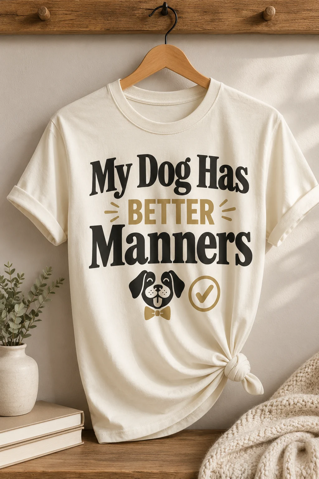 My Dog Has Better Manners T-shirt displayed in a minimal shelf vignette beside a small stack of untitled books